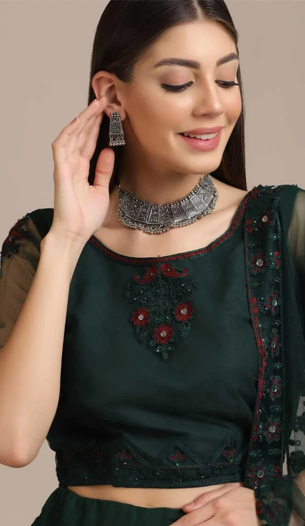 Beautiful Green Color Net Embroidery/Mirror Work Traditional Party Wear Lehenga Choli - 4517155154