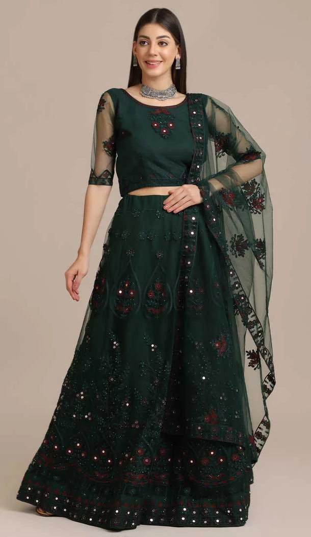 Beautiful Green Color Net Embroidery/Mirror Work Traditional Party Wear Lehenga Choli - 4517155154