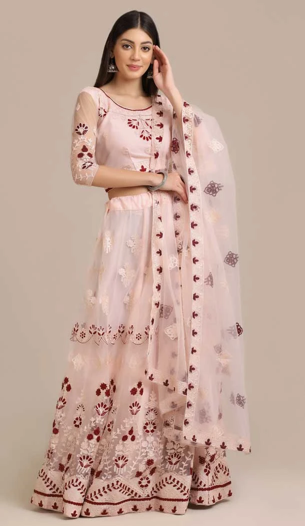 Light Pink Color Net Embroidery Work Traditional Party Wear Lehenga Choli - 4517155155