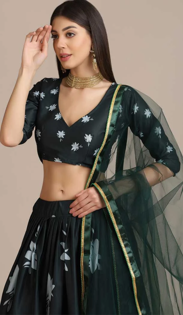Pretty Black Color Crepe Floral Print Work Traditional Party Wear Lehenga Choli - 4517155156