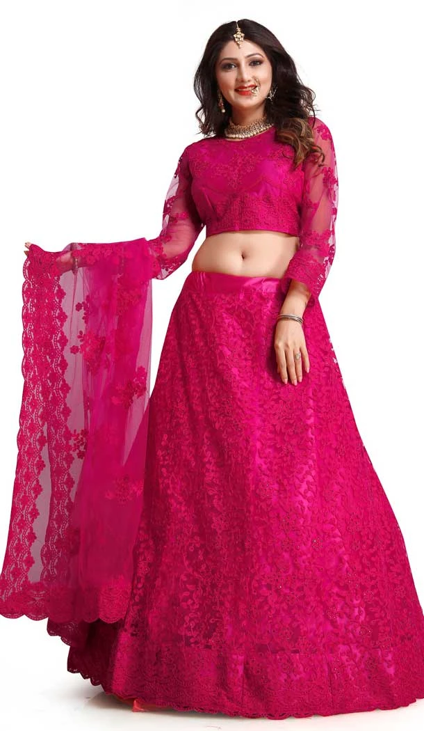 Rani Pink Color Embroidery Work Net Traditional Party Wear Lehenga Choli-4518155163