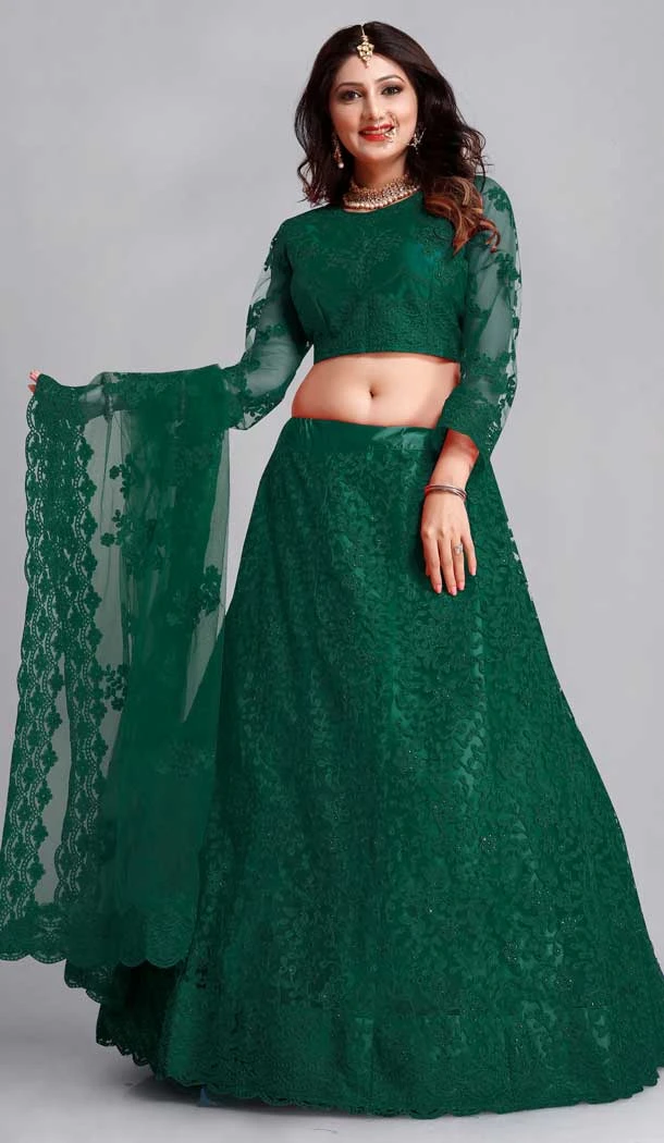 Green Color Embroidery Work Net Traditional Party Wear Lehenga Choli-4518155164
