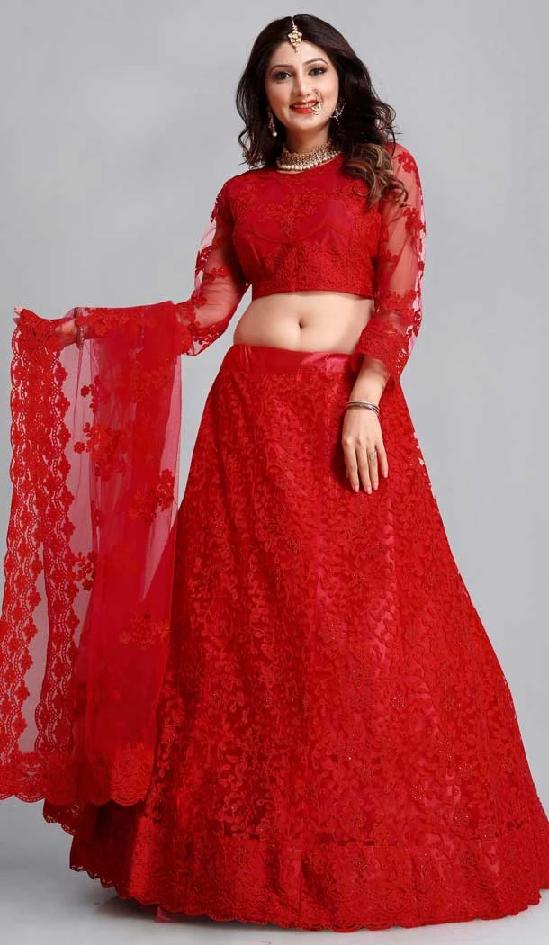 Red Color Embroidery Work Net Traditional Party Wear Lehenga Choli-4518155165