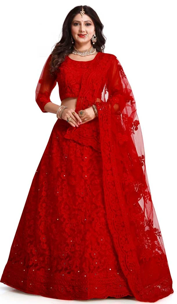 Beautiful Red Color Embroidery Work Net Traditional Party Wear Lehenga Choli-4518155166