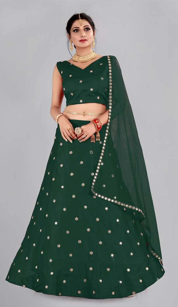 Green Color Mirror Work Taffeta Silk Party Wear Women Lehenga Choli -4519155167