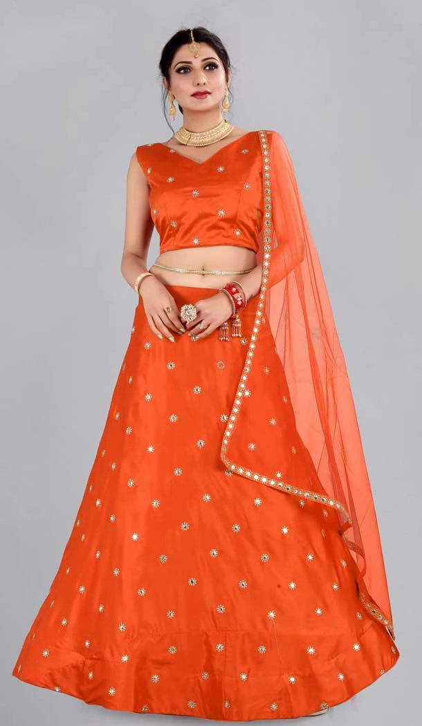 Orange Color Mirror Work Taffeta Silk Party Wear Women Lehenga Choli -4519155168