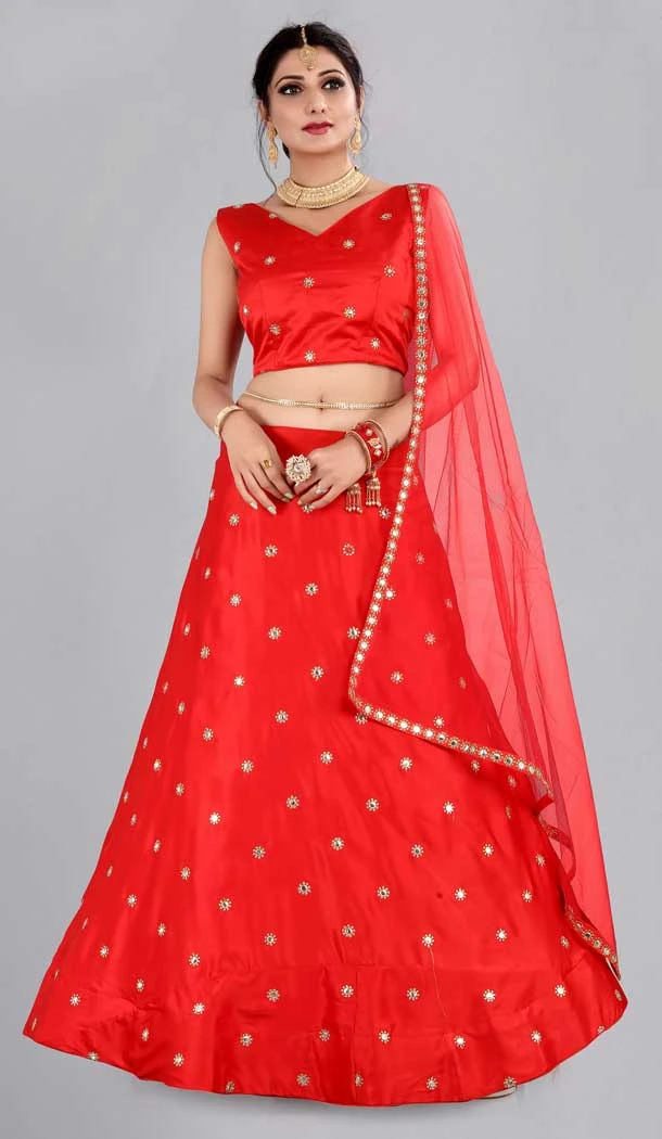 Red Color Mirror Work Taffeta Silk Party Wear Women Lehenga Choli -4519155169