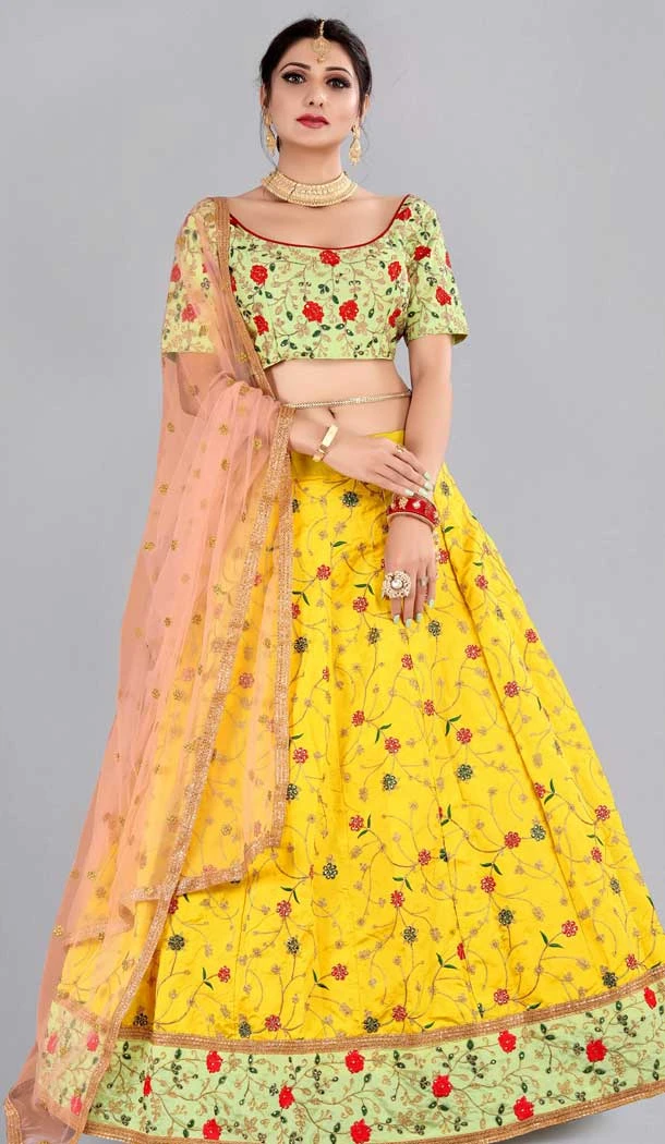 Yellow Color Embroidery Work Taffeta Silk Party Wear Women Lehenga Choli -4519155170