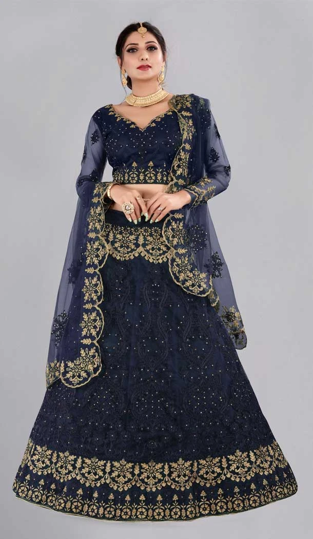 Navy Blue Color Embroidery Work Net Party Wear Women Lehenga Choli -4519155175