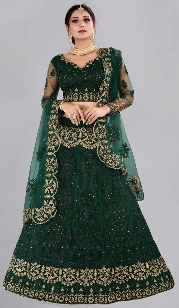 Green Color Embroidery Work Net Party Wear Women Lehenga Choli -4519155176