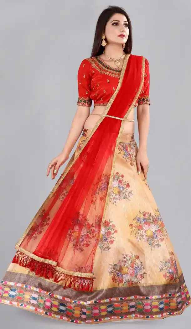 Beige Color Floral Printed Work Banglory Silk Party Wear Women Lehenga Choli -4519155179