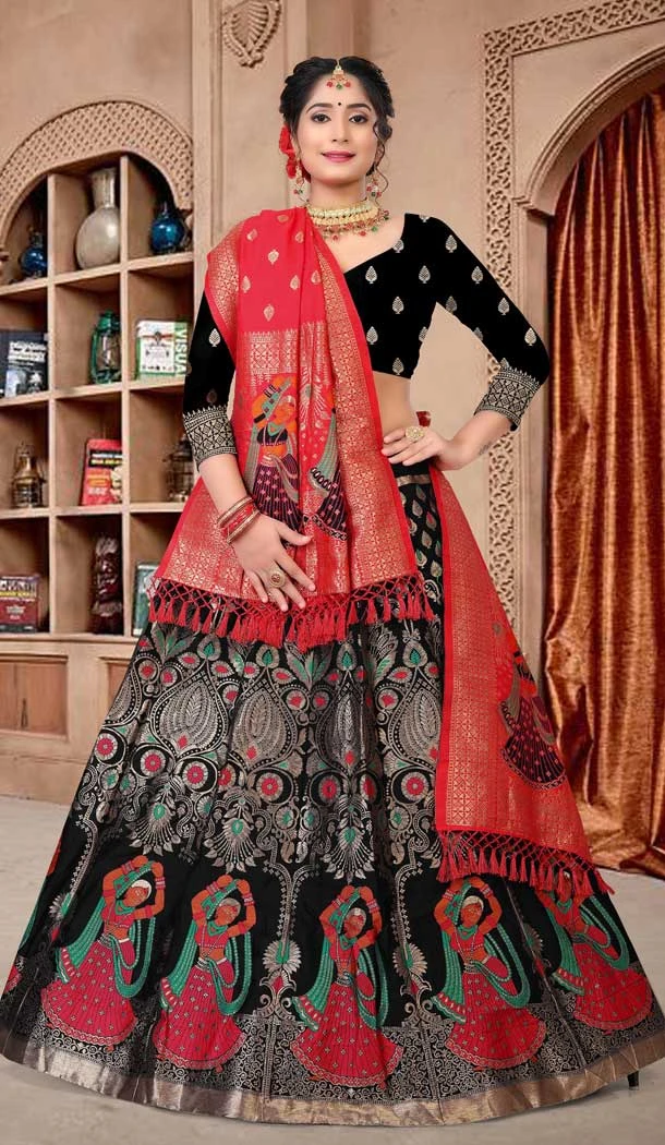 Black Color Zari Woven Work Jacquard Traditional Wear Plus Size Lehenga Choli -4520155184