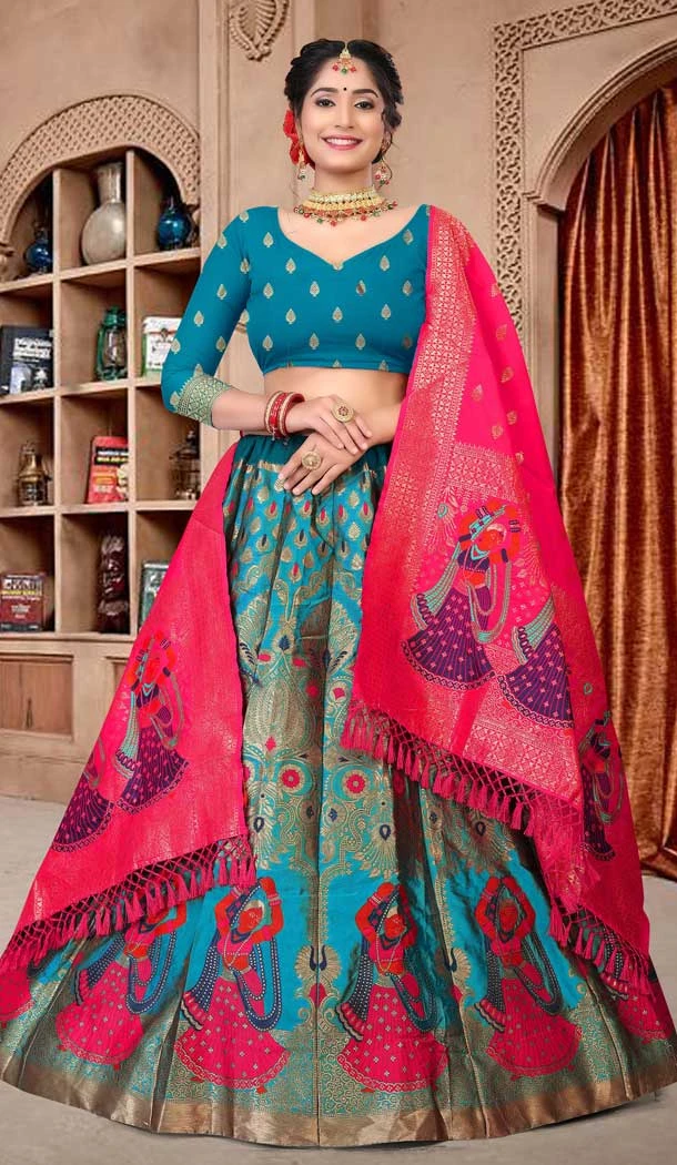 Sky Blue Color Zari Work Jacquard Traditional Wear Plus Size Lehenga Choli -4520155187