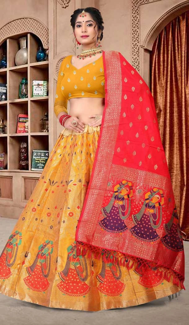 Yellow Color Zari Woven Work Jacquard Traditional Wear Plus Size Lehenga Choli -4520155188