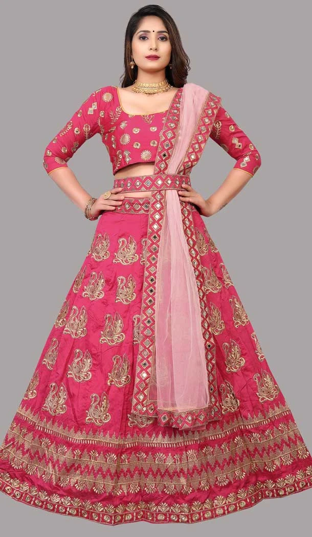 Baby Pink Color Embroidery Work Taffeta Silk Traditional Wear Plus Size Lehenga Choli -4520155191