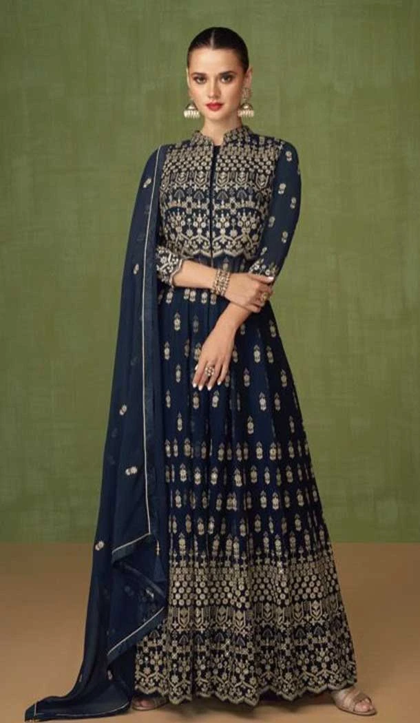 Navy Blue Color Faux Georgette Embroidery Work Pakistani Style Salwar Kameez-4528155235