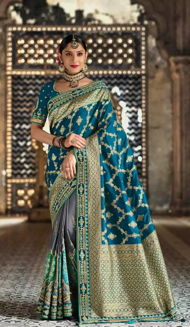 Teal Blue Color Weaving Work Traditional Wedding Wear Silk Plus Size Saree - 4529155242