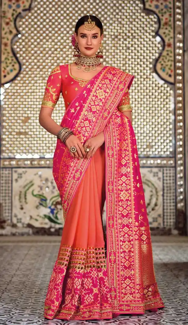 Peach Pink Color Weaving Work Traditional Wedding Wear Silk Plus Size Saree - 4529155243