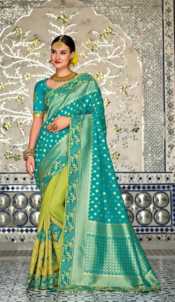 Sky Blue Green Color Weaving Work Traditional Wedding Wear Silk Plus Size Saree - 4529155244