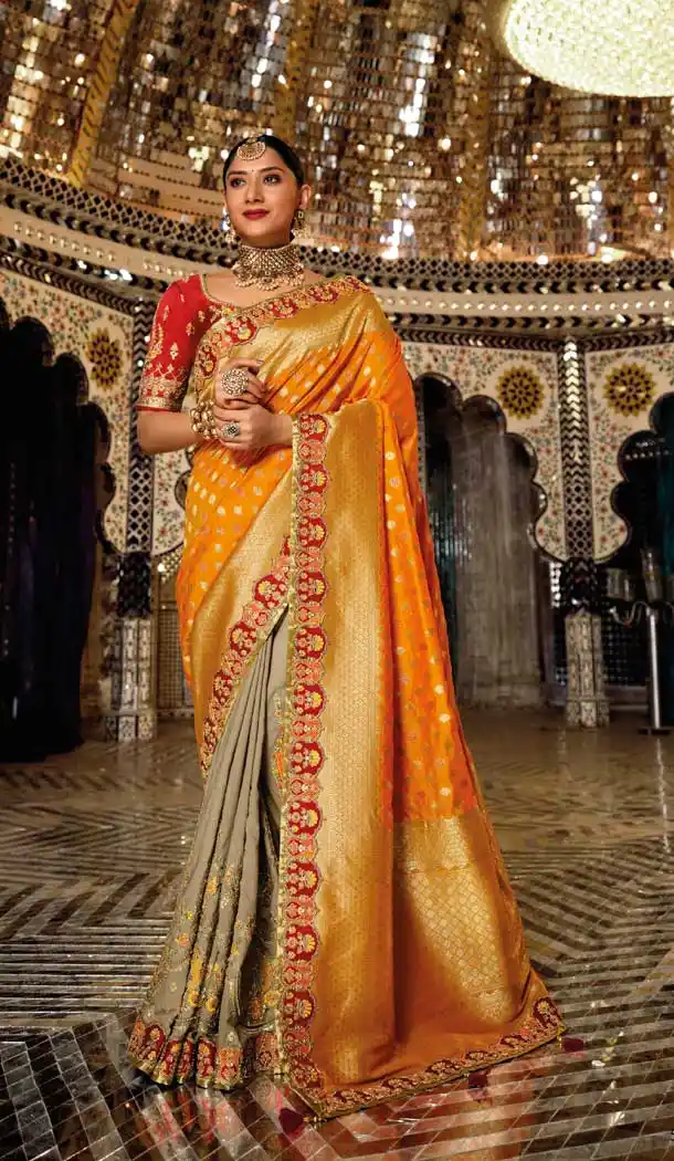 Mustard Grey Color Weaving Work Traditional Wedding Wear Silk Plus Size Saree - 4529155246