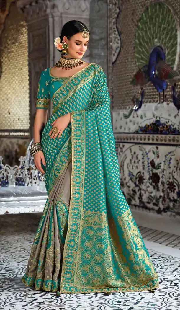 Sky Blue Grey Color Weaving Work Traditional Wedding Wear Silk Plus Size Saree - 4529155247