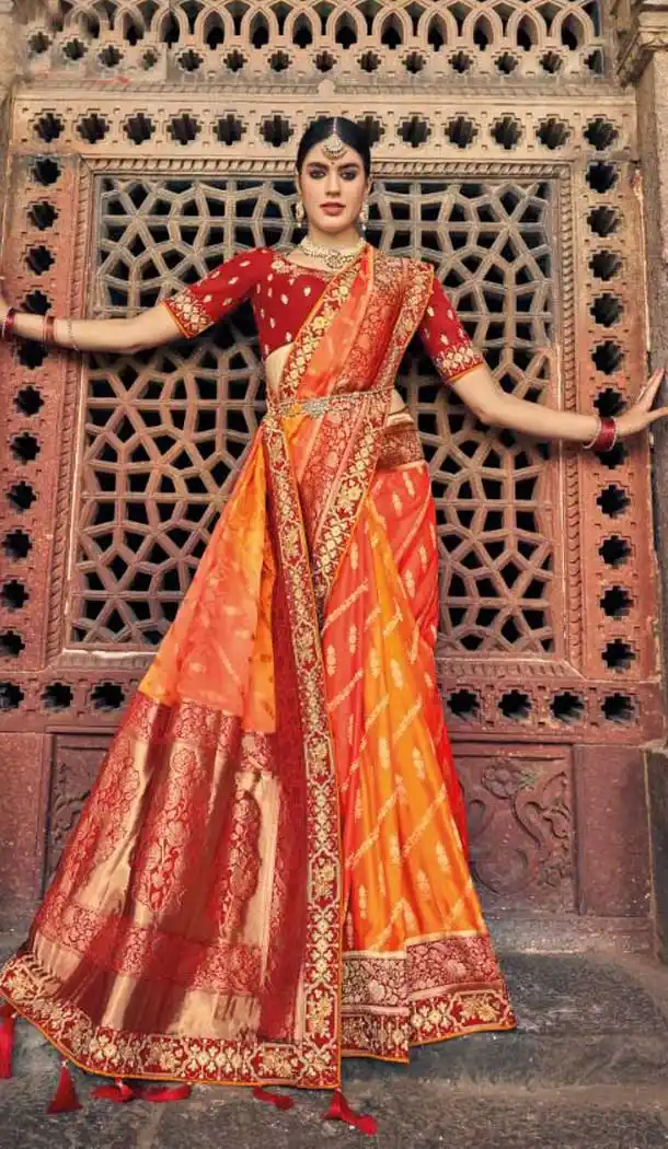 Orange Color Embroidery Work Dola Silk Wedding Wear Plus SIze Saree -4530155249
