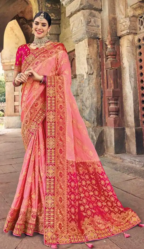 Pink Color Embroidery Work Dola Silk Wedding Wear Plus SIze Saree -4530155250