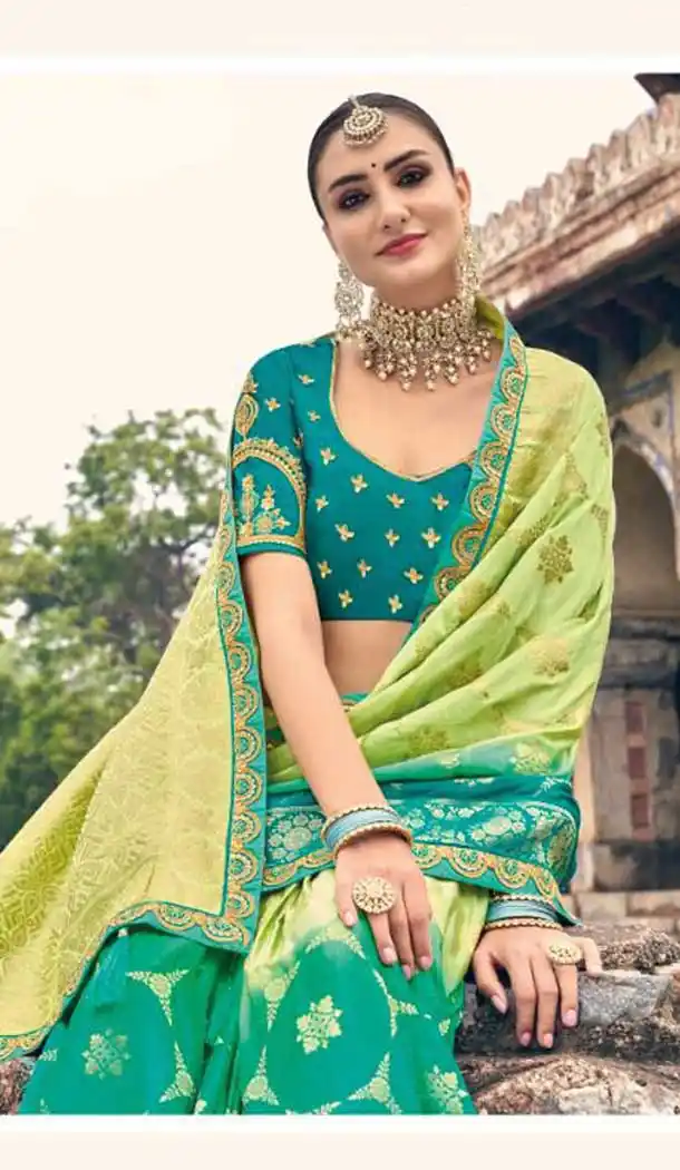 Pista Green Color Embroidery Work Dola Silk Wedding Wear Plus SIze Saree -4530155252