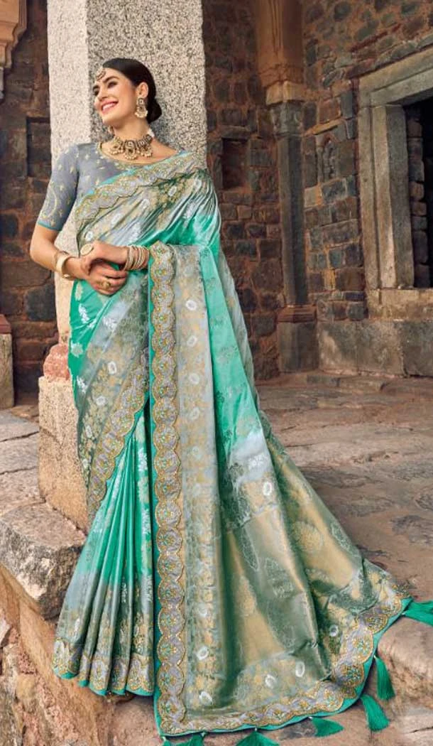 Sky Blue Color Embroidery Work Dola Silk Wedding Wear Plus SIze Saree -4530155253