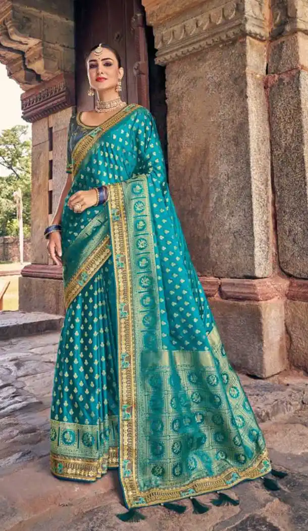 Blue Color Embroidery Work Dola Silk Wedding Wear Plus SIze Saree -4530155256
