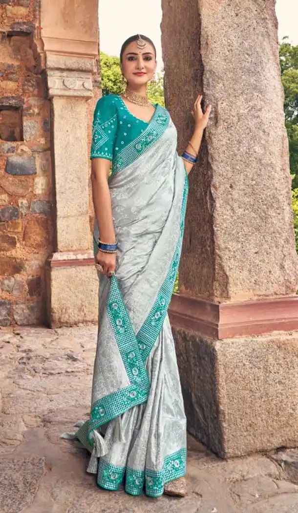 Grey Color Embroidery Work Dola Silk Wedding Wear Plus SIze Saree -4530155257