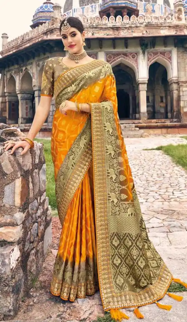 Mustard Color Embroidery Work Dola Silk Wedding Wear Plus SIze Saree -4530155258