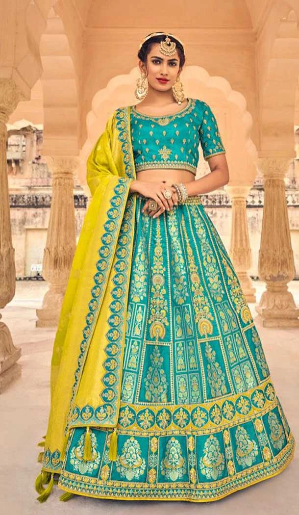 Sky Blue Color Embroidery Work Banarasi Silk Wedding Wear Lehenga Choli -4531155263