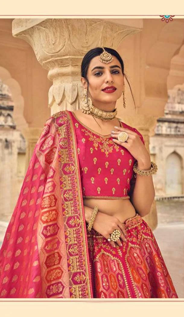 Rani Pink Color Embroidery Work Banarasi Silk Wedding Wear Lehenga Choli -4531155264