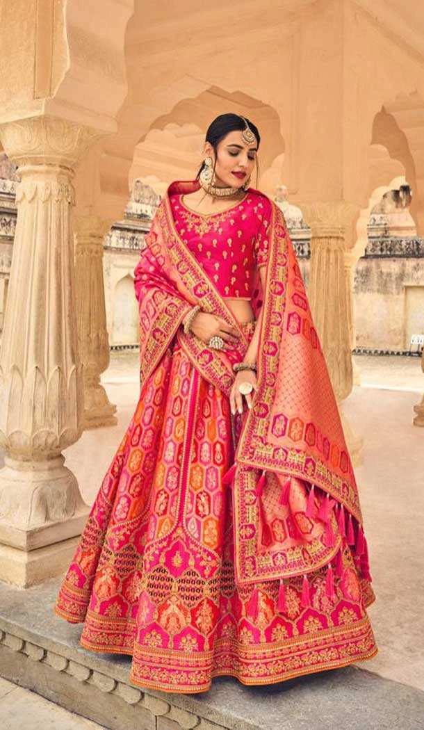 Rani Pink Color Embroidery Work Banarasi Silk Wedding Wear Lehenga Choli -4531155264