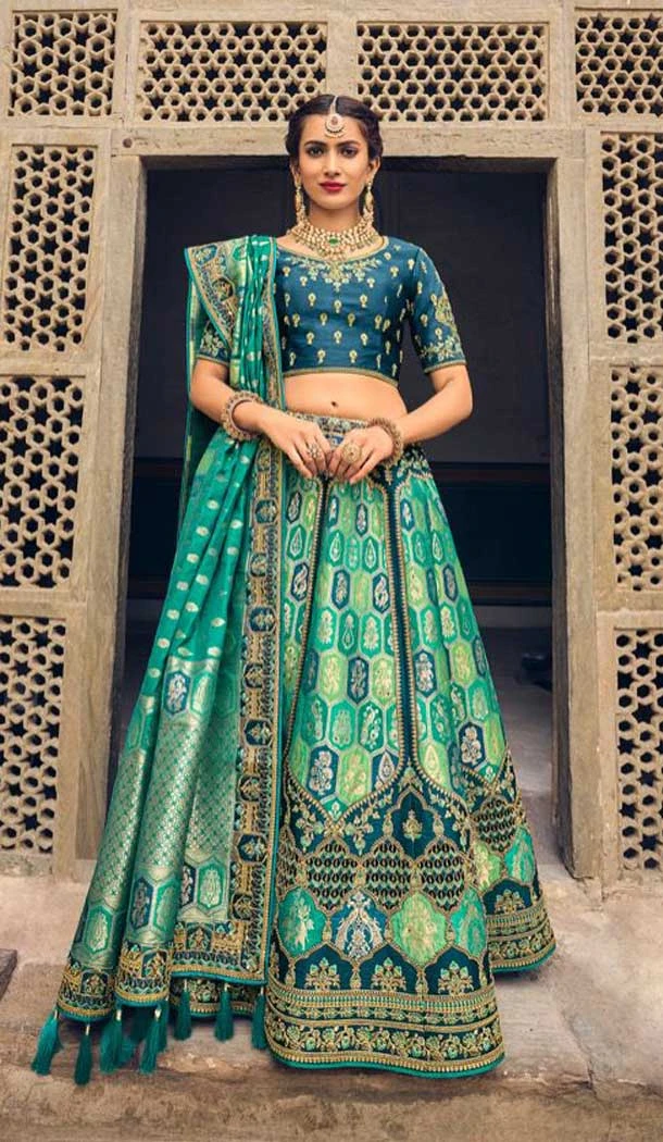 Teal Green Color Embroidery Work Banarasi Silk Wedding Wear Lehenga Choli -4531155265