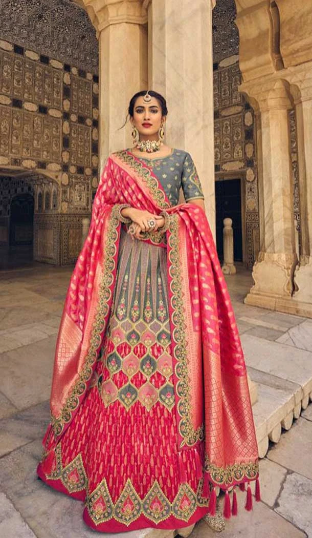 Grey Color Embroidery Work Banarasi Silk Wedding Wear Lehenga Choli -4531155272