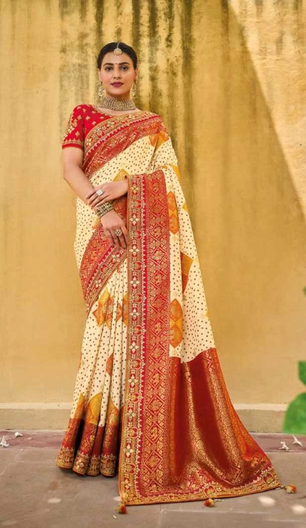 Off White Color Dola Viscose Embroidery Work Traditional Wedding Wear Saree -4532155279