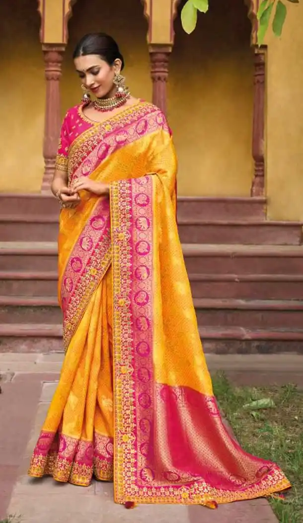 Mustard Color Dola Viscose Embroidery Work Traditional Wedding Wear Saree -4532155285