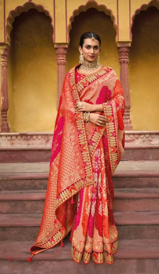 Orange & Red Color Dola Viscose Embroidery Work Traditional Wedding Wear Saree -4532155288