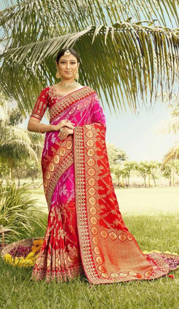 Red Pink Color Gaji Silk Weaving And Gota Pati Work Wedding Wear Saree -4533155292 Red Pink Color Gaji Silk Weaving And Gota Pati Work Wedding Wear Saree -4533155292