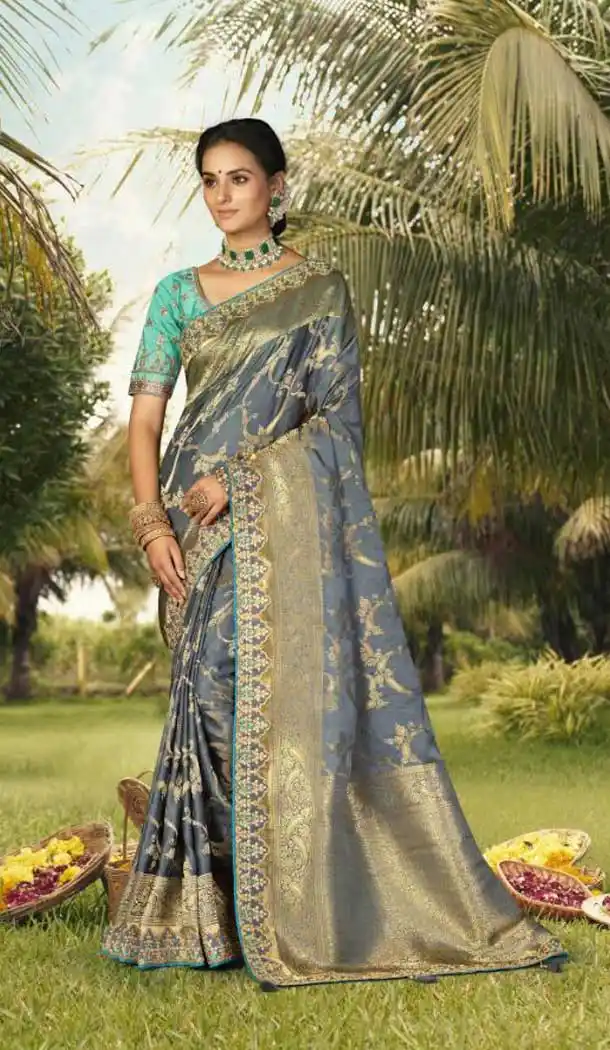 Gray Color Gaji Silk Weaving And Gota Pati Work Wedding Wear Saree -4533155295
