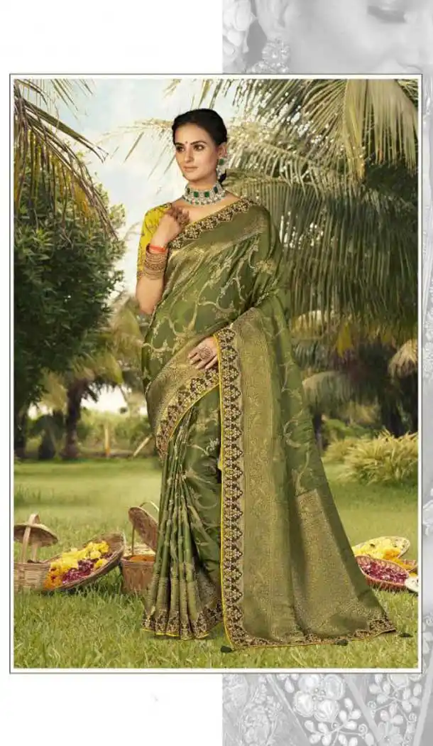 Olive Green Color Gaji Silk Weaving And Gota Pati Work Wedding Wear Saree -4533155296
