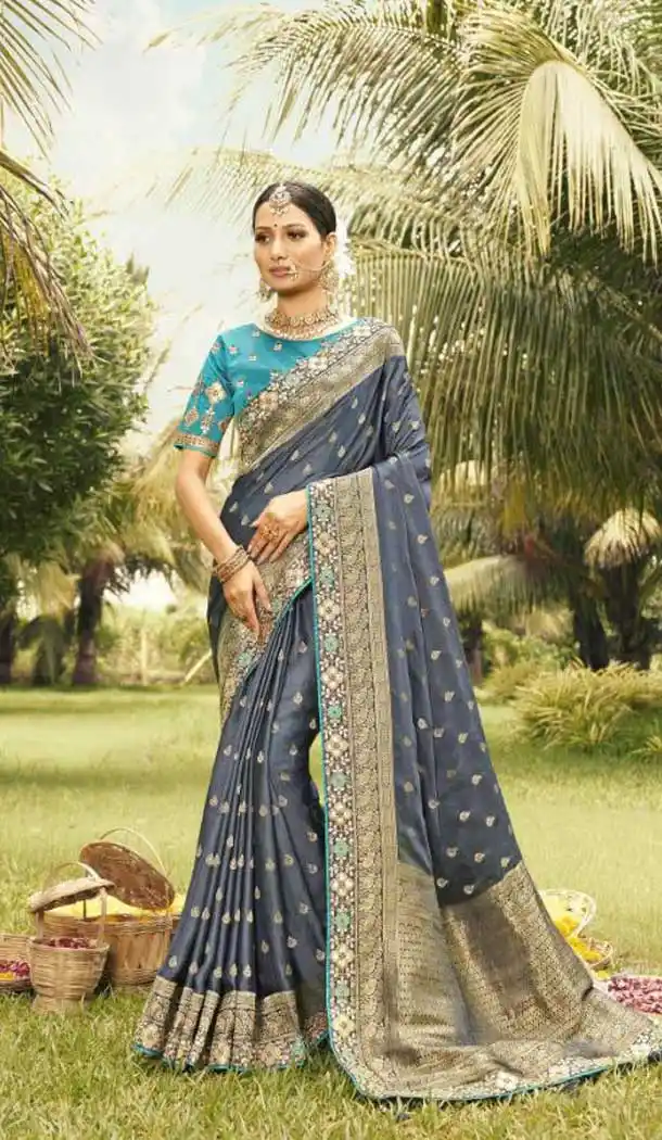 Dark Grey Color Gaji Silk Weaving And Gota Pati Work Wedding Wear Saree -4533155298