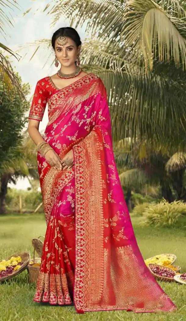 Pink Red Color Gaji Silk Weaving And Gota Pati Work Wedding Wear Saree -4533155302