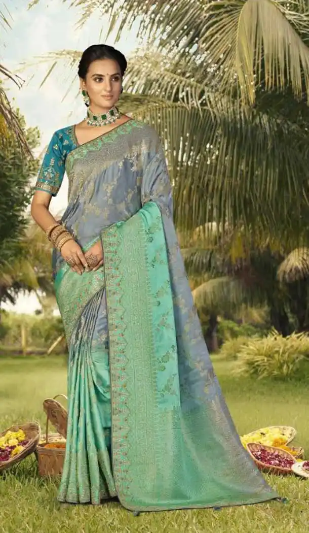 Blue Grey Color Gaji Silk Weaving And Gota Pati Work Wedding Wear Saree -4533155303