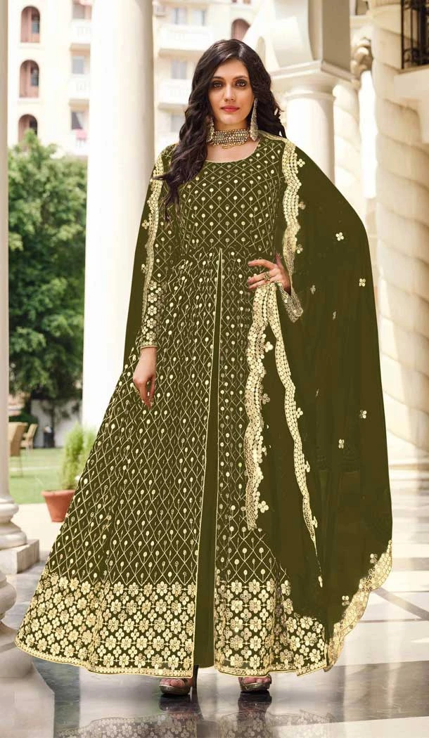 Olive Green Color Sequence Work Georgette Party Wear Anarkali Salwar Suit -4514155109
