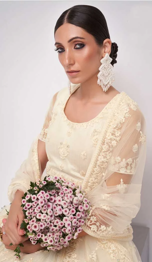 Off White Color Net Embroidery Wedding Wear Lehenga Choli -4534155305