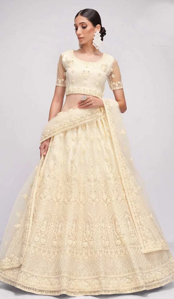 Off White Color Net Embroidery Wedding Wear Lehenga Choli -4534155305