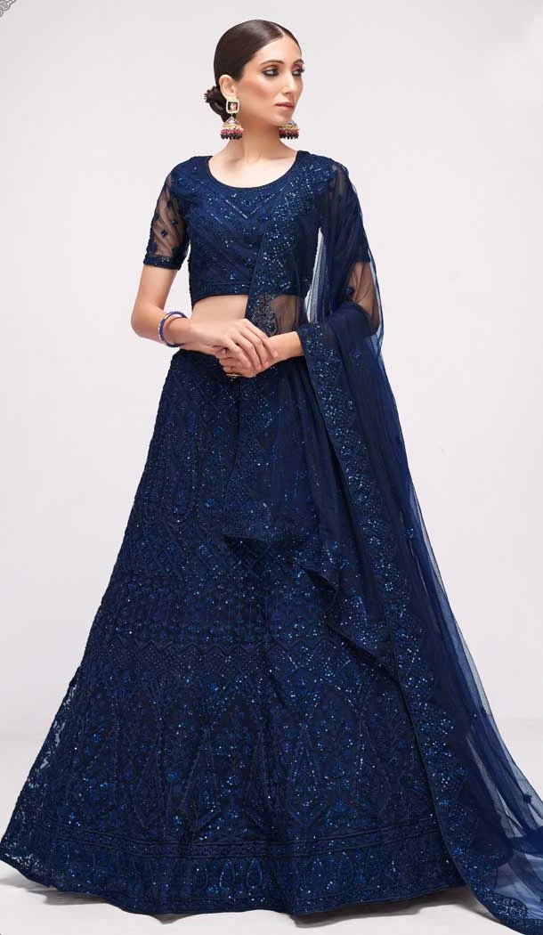 Navy Blue Color Net Embroidery Wedding Wear Lehenga Choli -4534155307